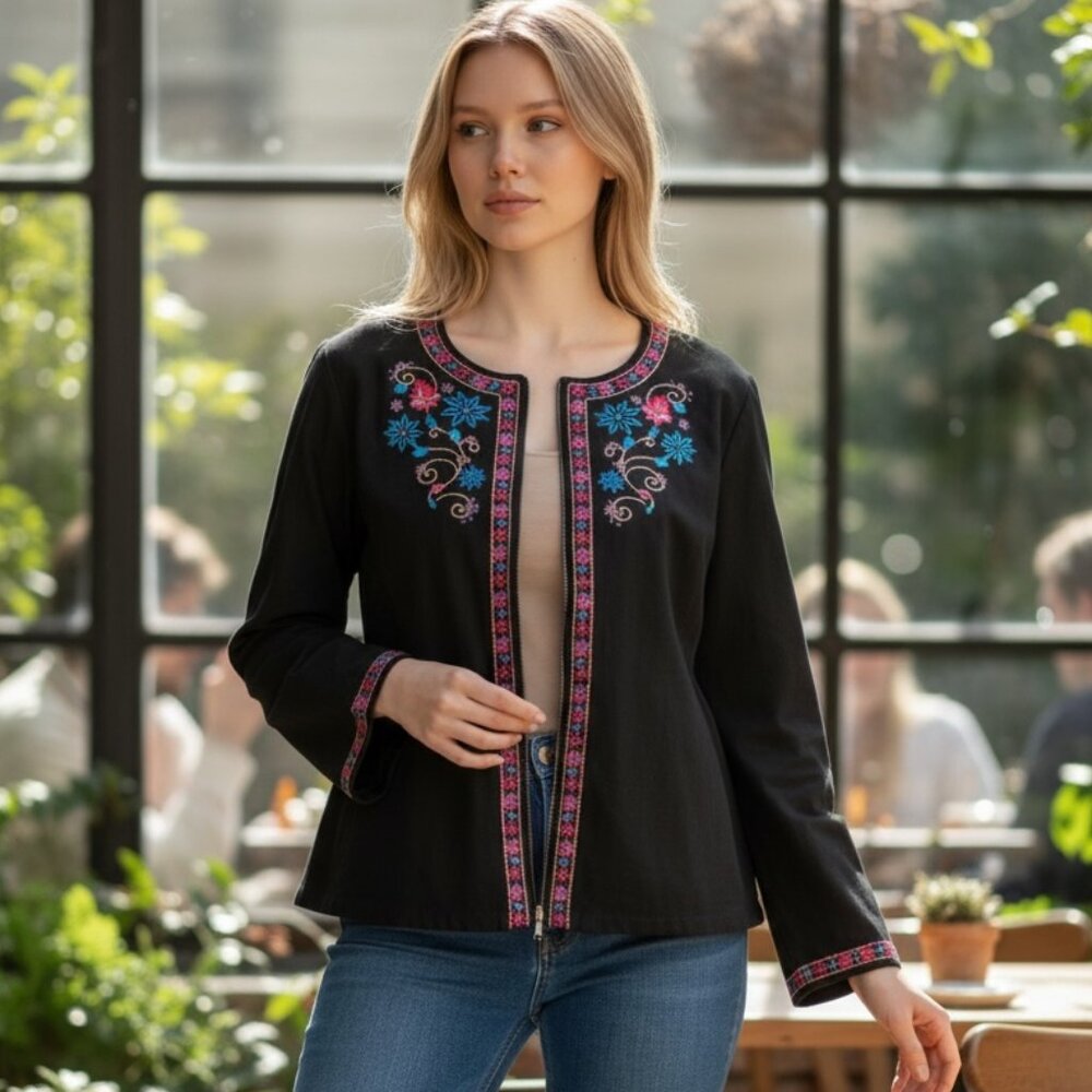 KORET Full Zip Cotton Embroidered Jacket/Top Womens Plus‎ Sz 18 Black #217A